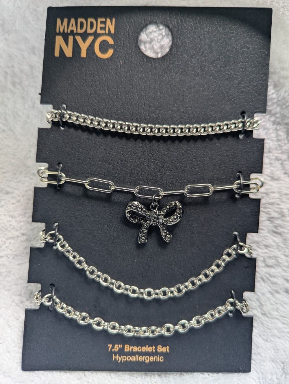 Madden NYC By Steve 4 Silver Bracelet Set Bow Charm Hypoallergenic New